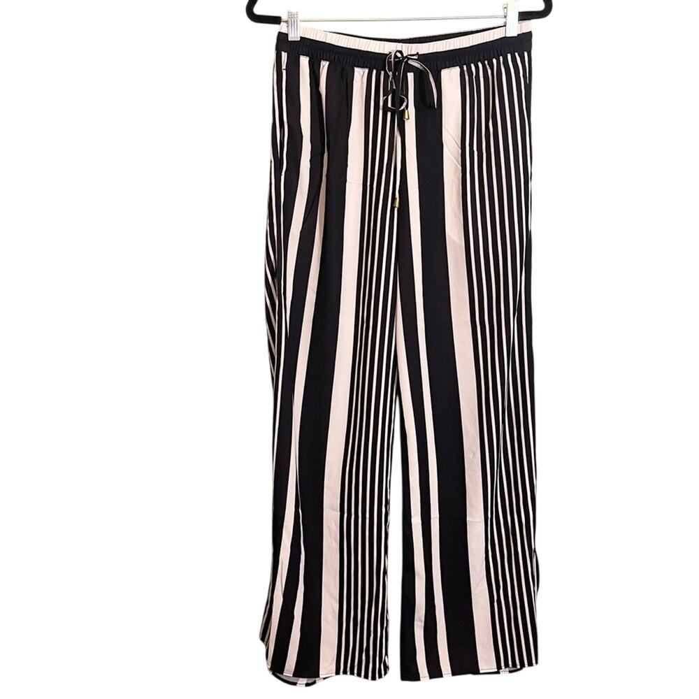 H&M Striped Drawcord Waist Straight Leg Pull-On Pants Black Size 10